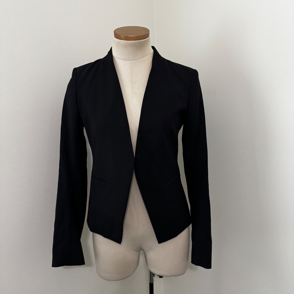 Theory 00 Lanai Black Wool Open Front Collarless Blazer Career Capsule Minimal